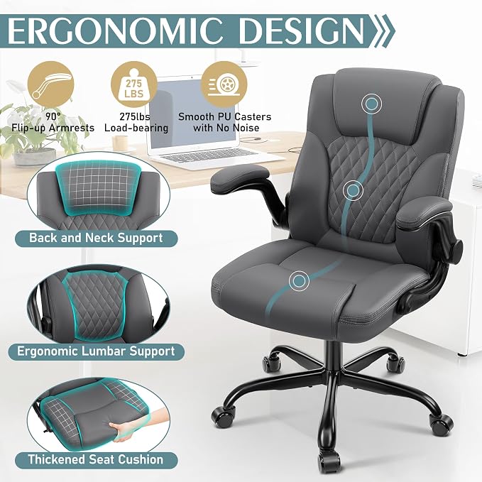 Leather Office Chair, PU Home Computer Desk Chairs with Ergonomic Back Support, 360°Swivel Free，Small Gaming Chair with Wheels and Adjustable Armrests, for Short People Use