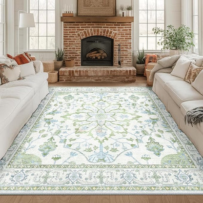 RELEANY Area Rugs Square 8ft Washable Non-Slip, Floral Vintage Distress Medallion Carpet for Living Room Bedroom Dining Room, Green White Blue