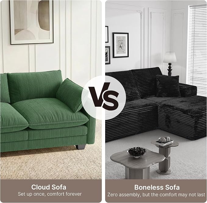 Gizoon 110'' Oversized L Shaped Couch for Living Room, Cloud Couches with Washable Corduroy Cover, Modern 4-Seater Comfy Deep-Seat Sofa with Movable Ottoman and 2 Throw Pillows for Apartment, Green