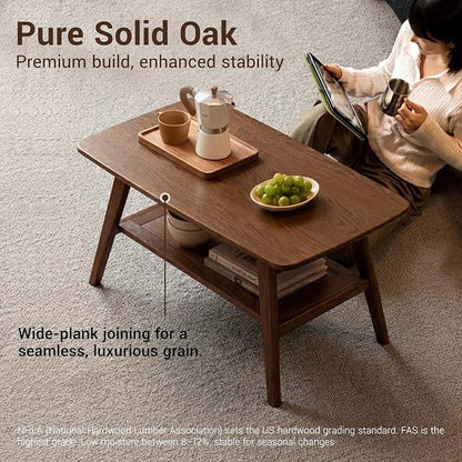 100% Solid Wood Coffee Table for Living Room, 31.5" Small Tables with Shelf Storage, Mid Century Modern Storage Coffee Table with Rounded Corners (Oak Wood Walnut Color)