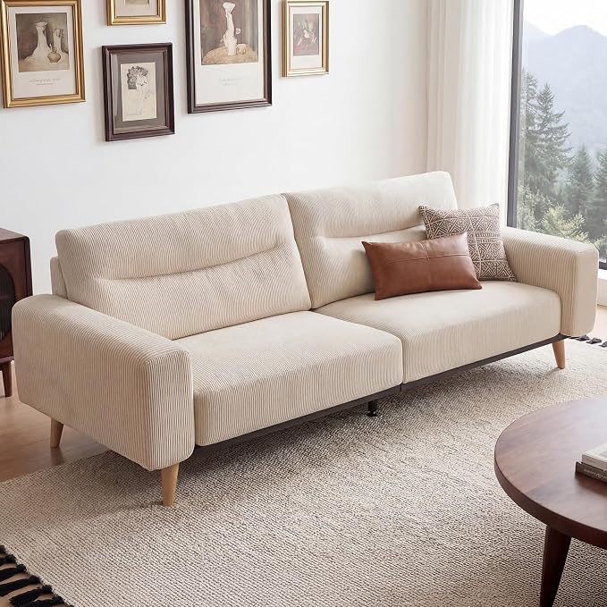 Claiks 81" Oversized Loveseat Sofa, Mid Century Modern Couch for Living Room, Bedroom & Apartment, Corduroy Upholstered 2-3 Seater Sofa with Sturdy Metal Frame, Easy Assembly, Beige