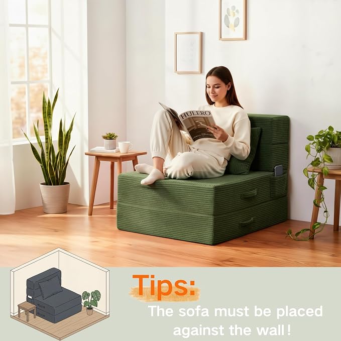 Folding Sofa Bed, 4 in 1 Convertible Sleeper Chair with Pillow, Single Memory Foam Fold Out Chair Bed, Modern Floor Futon Sofa Couch Mattress for Living Room/Guest/Apartment, Green | Convertible