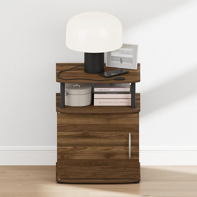 Furinno Jaya Night Stand with Door, Nightstand with Open Shelf and Door Cabinet, Round Corner Bedside Table, Side Table, End Table, for Bedroom, Closet, Dorm, Columbia Walnut