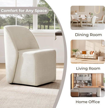 Watson & Whitely Modern Rolling Dining Chairs with Casters, Set of 2, Linen | Upholstered Seat, Removable Rollers, Fabric Armless Chairs for Dining Room, Living Room, Bedroom