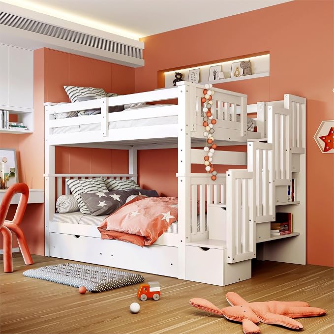 RUNNA Full Over Full Bunk Bed, Convertible, Storage Stairs White | Full over full bunk bed, convertible split design, storage stairs, solid pine wood, guardrails, no box spring needed,White