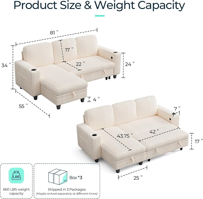 LINSY Home 81" Modular Sectional Couch with Pull Out Bed, L Shaped 3 Seats Sofa with Storage Chaise, Corduroy Convertible Sofa Bed, USB, Cup Holders, Side Pocket, Sleeper Sofa for Living Room, Beige