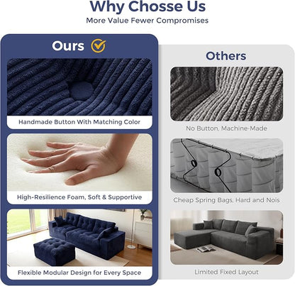 MAXYOYO 96" L Shaped Modular Sectional Sofa with Ottoman, Cloud Boneless Couch with Layered Cushion, Upholstered Flexible Module Combination Sofa for Living Room, No Assembly, Navy