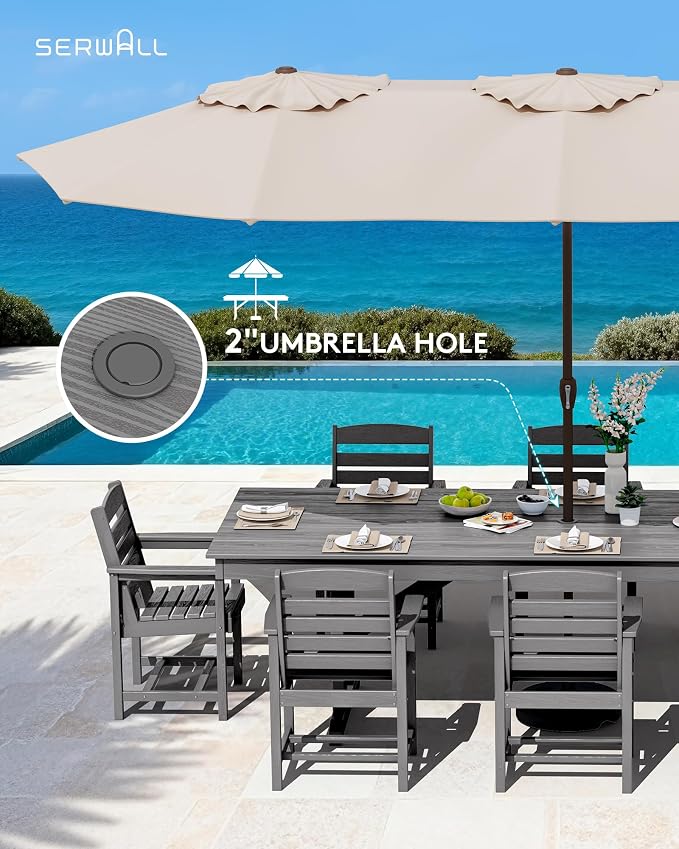 SERWALL 10 Piece 84" HDPE Outdoor Dining Set for 8 with 15ft Double-Sided Umbrella, Gray