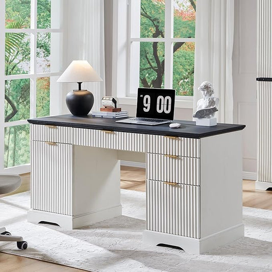 58" Modern Executive Desk with 5 Drawers & 1 Cabinet, Built‑in Outlet | Fluted Computer Writing Desk for Study, Living Room, Bedroom, Antique White