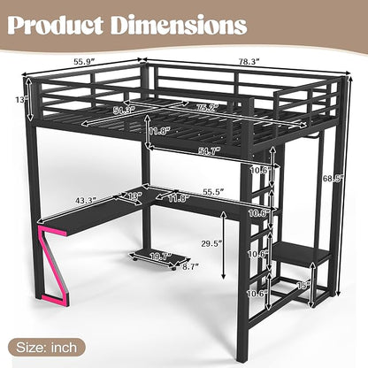 Bellemave Full Size Loft Bed with Desk and USB Ports, Computer Tray, Peg Board LED, Metal Full Loft Bed Frame for Adults, Kids, Teens, Black