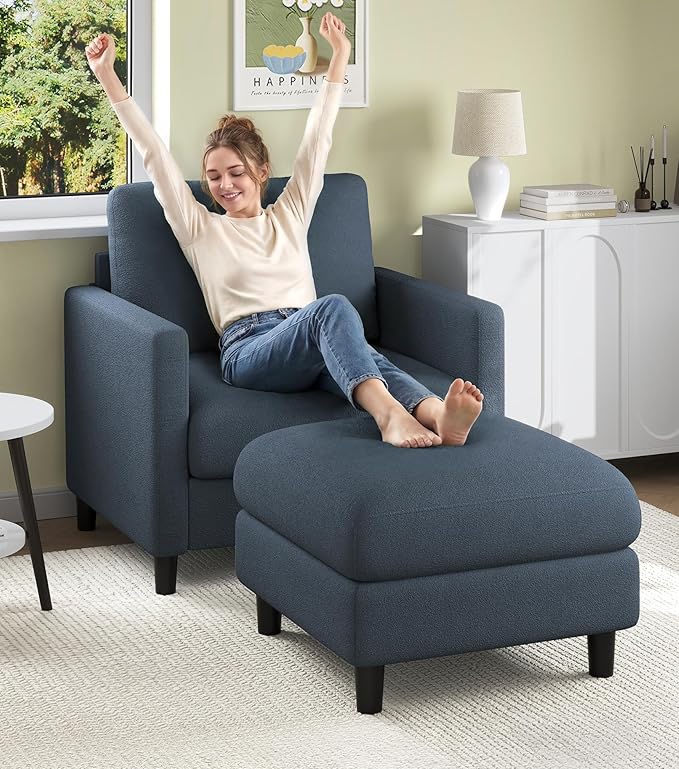 Welzona Sofa Accent Chair with Ottoman, 33" Reading Chair and Ottoman Set for Bedroom, Tool-Free Setup Living Room Accent Chairs, Comfy Arm Chairs Living Room, All-Wood Reading Nook, Blue Grey