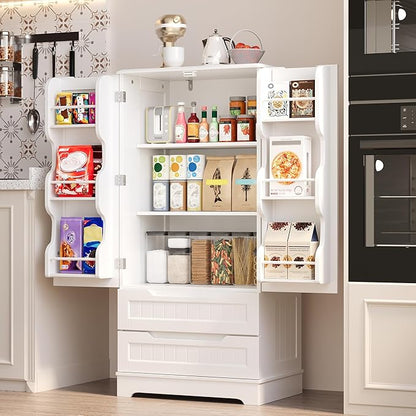 Gizoon Kitchen Pantry Cabinet with Drawers for Ding Room, 47" Small Food Pantry Storage Cabinet with 6 Door Shelves for Snack and Spice, Craft Storage Cabinet for Craft Room, White, Painted