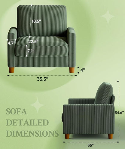 Welzona 35.3" Couches for Living Room, Comfy Green Couch Single with 22.5" Deeper Seat, Accent Chair Tool-Free Setup, Reading Chair 440lbs Support, Corduroy Couch for Bedroom, Apartment, Office