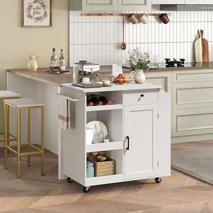 MAHANCRIS Kitchen Island with Power Outlet, Kitchen Storage Island with Drawer, Rolling Kitchen Cart on Wheels, Spice Rack, Towel Rack, Wine Rack, for Dining Room, White KIWT122E01