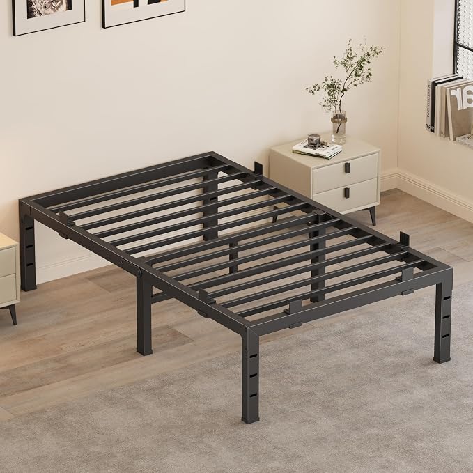 16 Inch Twin Bed Frames, Heavy Duty Metal Platform 3500 lbs Capacity, No Box Spring Needed, 6 Mattress Slide Stopper, Headboard Holes, Noise-Free, Easy Assembly