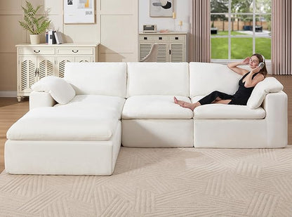 Jocisland 120" Cloud Modular Sectional Sofa, No-Assembly Oversized Chenille Couch with 76.4" Extra-Deep Chaise, Modern White Cloud Couch for Living Room