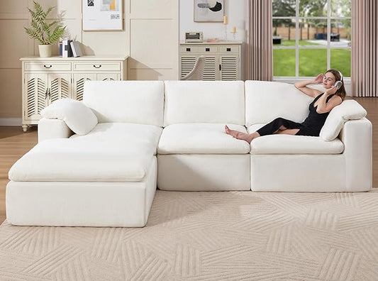 Jocisland 120" Cloud Modular Sectional Sofa, No-Assembly Oversized Chenille Couch with 76.4" Extra-Deep Chaise, Modern White Cloud Couch for Living Room