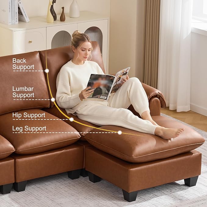 96" Faux Leather Modular Sectional Sofa with Movable Ottoman, Oversized 3 Seater Couch with Curved Armrests, Cloud Modern L-Shaped Sofa Deep Seat for Living Room, Brown