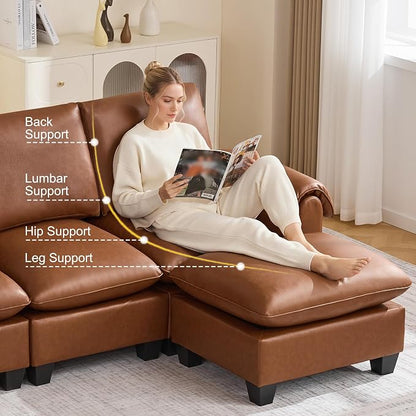 96" Faux Leather Modular Sectional Sofa with Movable Ottoman, Oversized 3 Seater Couch with Curved Armrests, Cloud Modern L-Shaped Sofa Deep Seat for Living Room, Brown