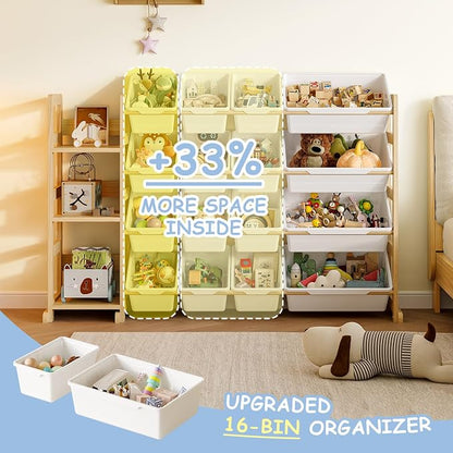 EXPERLAM Toy Storage Organizer, Toy Storage Shelf with 3 Shelves and 16 Storage Bins (12 Small + 4 Large), 3-in-1 Kids Bookshelf for Kids Rooms, Playroom, Nursery, White