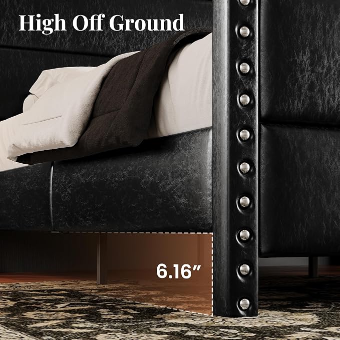 Queen Bed Frame with Storage Shelf & Charging Station, 55" Tall Headboard & 25.6" Footboard, Faux Leather Upholstered Platform Bed with Big Rivets Wingback, Heavy Duty & Noise-Free, Black