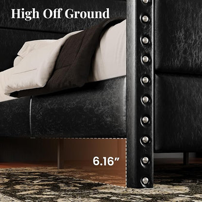 Queen Bed Frame with Storage Shelf & Charging Station, 55" Tall Headboard & 25.6" Footboard, Faux Leather Upholstered Platform Bed with Big Rivets Wingback, Heavy Duty & Noise-Free, Black