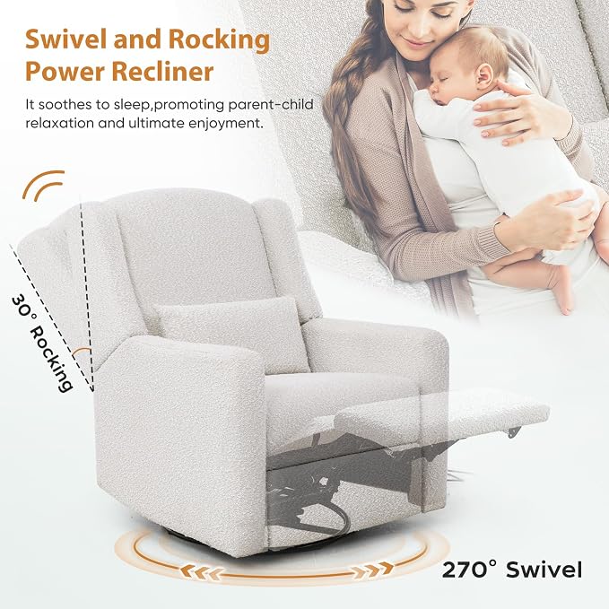 Power Recliner Chair Swivel Glider, Large Nursery Glider with Ottoman & USB Charging Port, Boucle Upholstered Rocker Recliner for Nursery,Living Room,Cream