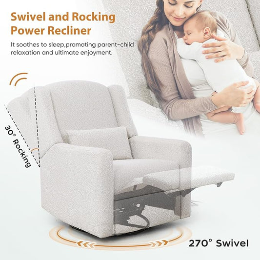Power Recliner Chair Swivel Glider, Large Rocker Recliner w/USB Charging Port, Boucle Upholstered Swivel Rocker Glider Recliner for Nursery,Bedroom,Living Room,Set of 2,Cream