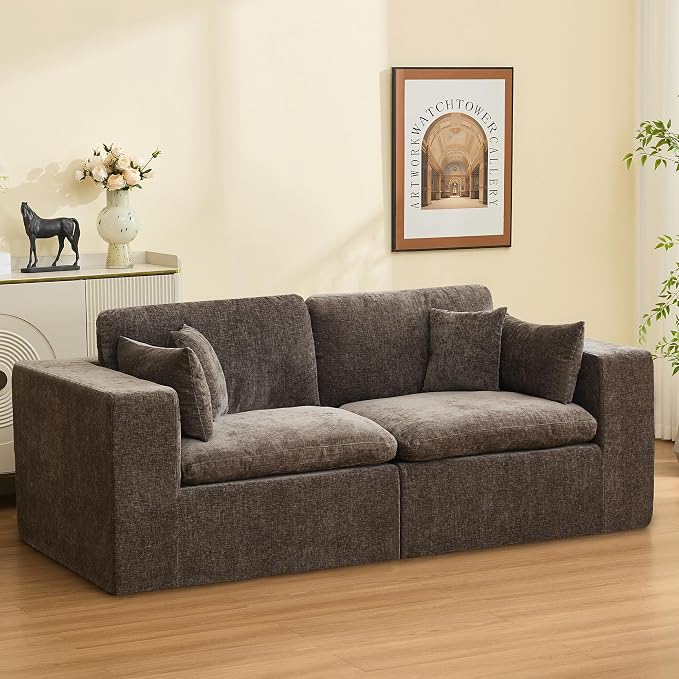 83''Cloud Boneless Modular Sectional Sofa, Deep Seat Sectional Couch, Upholstered Convertible Comfy Memory Foam Sofa Loveseat Chenille Memory Foam Couches for Living Room, Brown
