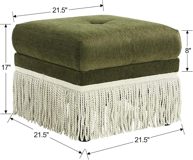 Hyfirm 22 Inch Square Green Ottoman with Fringe for Living Room, Plush Footstool Ottoman for for Bedroom, Modern Boho Upholstered Accent Pouf Ottomans Foot Rest