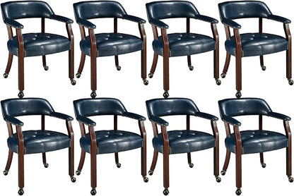 LEEMTORIG Set of 8 Dining Chairs with Casters and Arms, Large Rolling Dining Chairs with Wheels, Accent Poker Chairs, Solid Wood Boss Caption's Chairs Office Chairs, Cherry Legs & Blue SY-1533-LB
