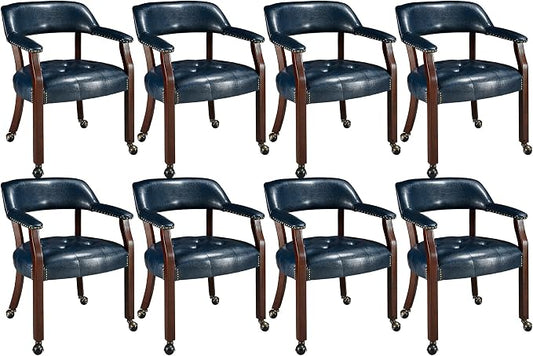 LEEMTORIG Set of 8 Dining Chairs with Casters and Arms, Large Rolling Dining Chairs with Wheels, Accent Poker Chairs, Solid Wood Boss Caption's Chairs Office Chairs, Cherry Legs & Blue SY-1533-LB
