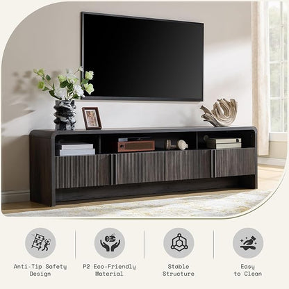 AMERLIFE 70" Modern TV Stand for TVs up to 80", Fluted Wood Entertainment Center with Storage Cabinets, Media Console Table for Living Room, Black
