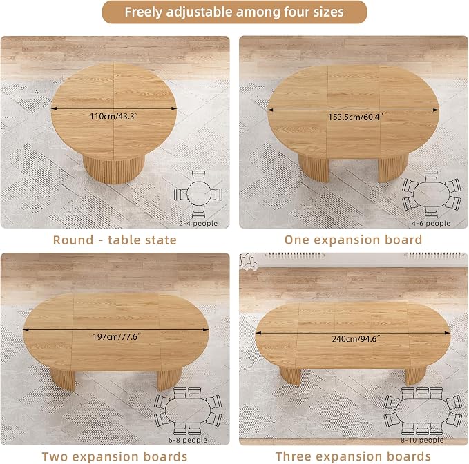 43-95 Inch Oval Extendable Dining Table for 4-10, Fluted Space Saving Round Kitchen Table with 3 Leaf, 2 Storage, Mid Century Modern Long Dining Room Dinner Table for Living Room, Oak, Natural