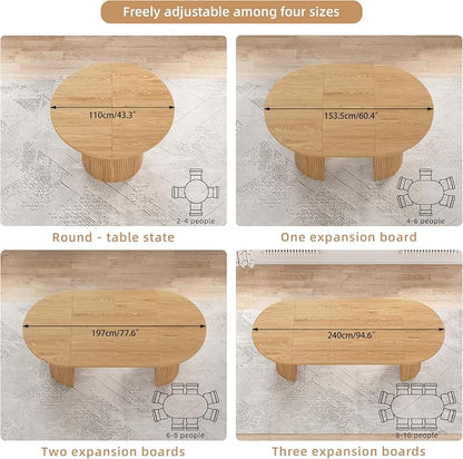 43-95 Inch Oval Extendable Dining Table for 4-10, Fluted Space Saving Round Kitchen Table with 3 Leaf, 2 Storage, Mid Century Modern Long Dining Room Dinner Table for Living Room, Oak, Natural