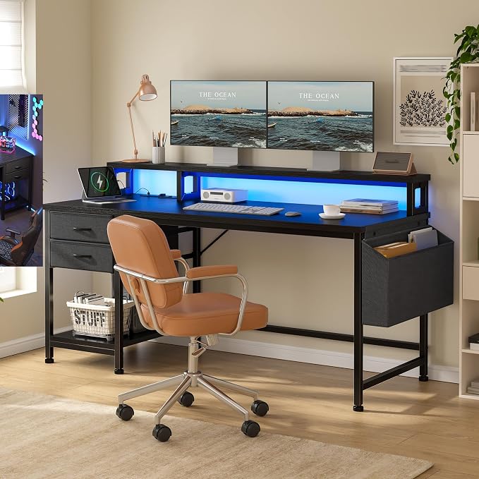 DurayLoly 48" Gaming Desk with RGB Lights & Power Outlets for Teens | Wireless Remote Full-Color Strip, Various Lighting Modes, Level Up Teens Gaming Vibe or Study for Protect Eyes In Bedroom