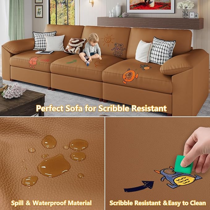 EASE MOOSE Deep Seat Sectional Couch, Scratch Resistant Faux Leather Material, 3-Seat Oversized Modular Sofa for Living Room,Modern Comfy Sofas for Small Spaces, Brown