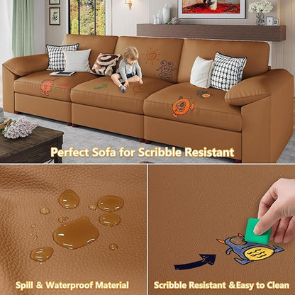 EASE MOOSE Oversized Modular Sectional Couch with Ottoman, Faux Leather Sectional Sofa with Deep Seat, Scratch Resistant Faux Leather Material, Extra Large L Shaped Couch,Brown