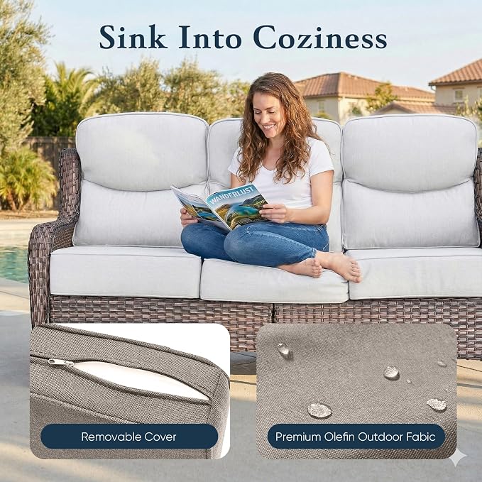 Belord Luxury 6" Thick Cushioned PE Wicker 3-Seater Outdoor Couch, All-Weather Comfortable Modern Patio Sofa, High Back Deep Seat Woven Outdoor Furniture for Porch Balcony, Lawn, Deck - BrownBeige