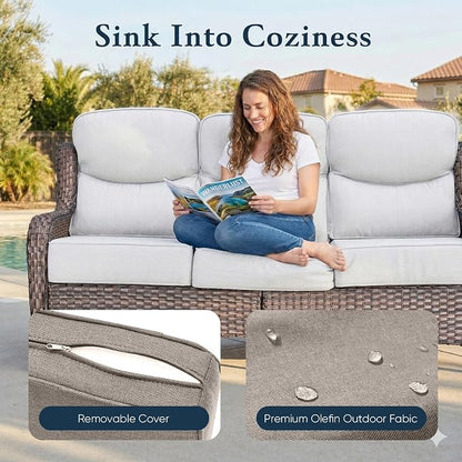Belord Luxury 6" Thick Cushioned PE Wicker 3-Seater Outdoor Couch, All-Weather Comfortable Modern Patio Sofa, High Back Deep Seat Woven Outdoor Furniture for Porch Balcony, Lawn, Deck - BrownBeige