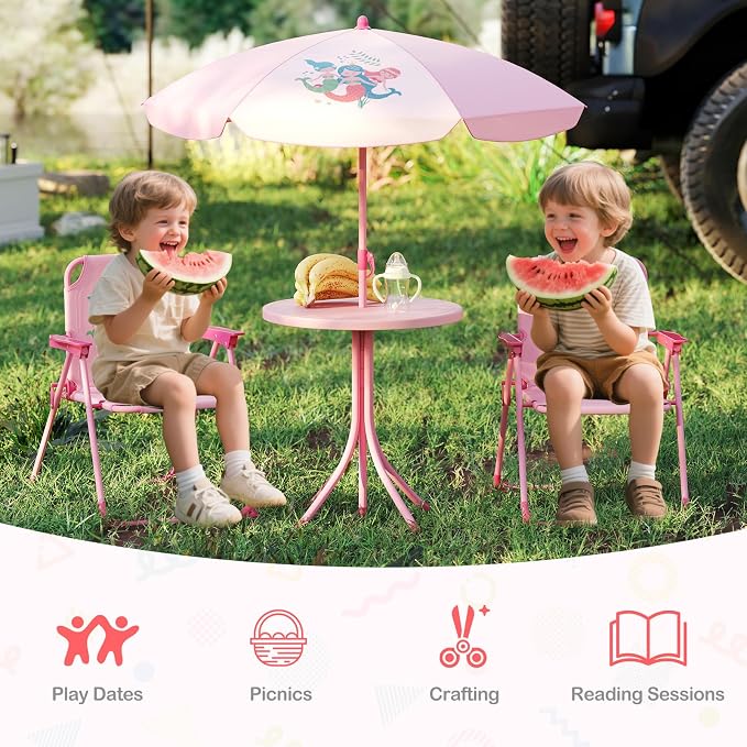 HONEY JOY Kids Picnic Table, Animal Themed Toddler Outdoor Table and Chair Set, 2 Folding Chairs & Removable Umbrella, Children Outdoor Furniture for Backyard Patio Garden (Pink Mermaid)