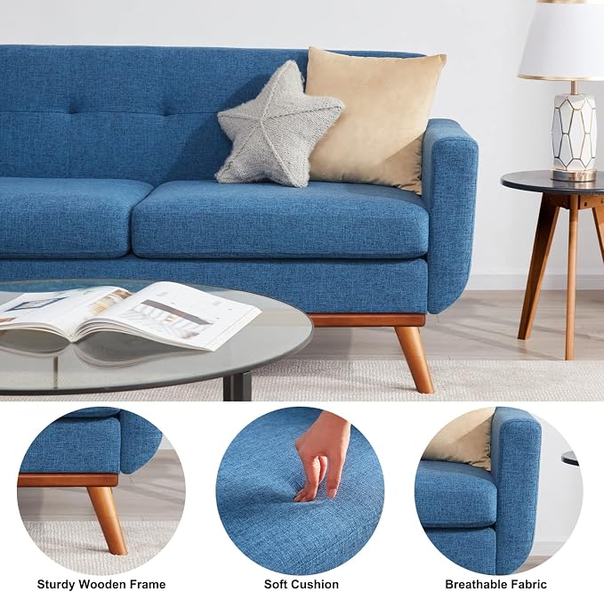 Kingfun 65" W Loveseat Sofa with Ottoman Coffee Table, Mid Century Modern Decor Love Seat Couches and Ottoman with Storage for Living Room, Button Tufted Upholstered Love Seats Furniture Set, Blue