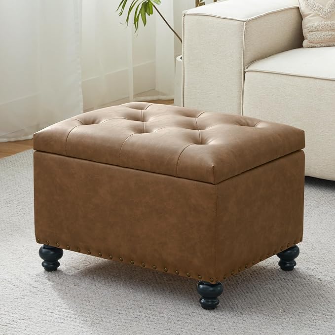Zihanhome Leather Ottoman with Storage, Upholstered Button Tufted Ottoman Foot Rest, Foot Stools, 24" Rectangle Ottomans with Storage for Living Room, Bedroom, Dorms and Apartments (Caramel Brown-PU)