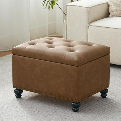Zihanhome Leather Ottoman with Storage, Upholstered Button Tufted Ottoman Foot Rest, Foot Stools, 24" Rectangle Ottomans with Storage for Living Room, Bedroom, Dorms and Apartments (Caramel Brown-PU)