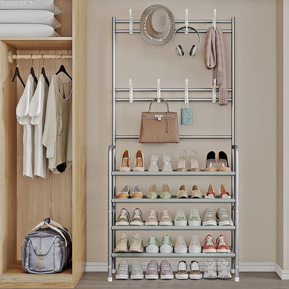 Coat Rack Shoe Rack With Storage Shelf Freestanding with 8 Hooks for Entryway Bedroom Closet 4 Tier, Grey