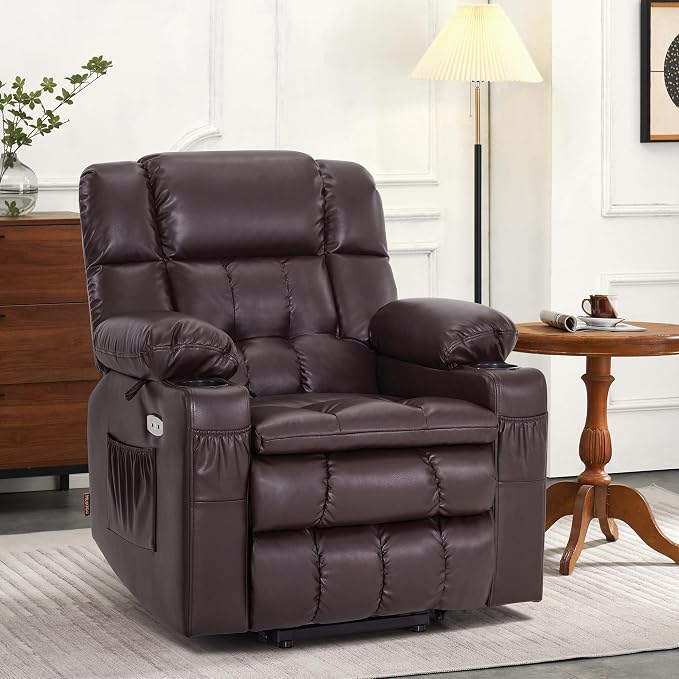 MCombo Small Dual Motor Power Lift Recliner Chair for Petite Elderly, Zero Gravity Lift Chair with Heat and Massage, Infinite Position, USB Ports,Faux Leather 7893 (Dark Brown, Small)