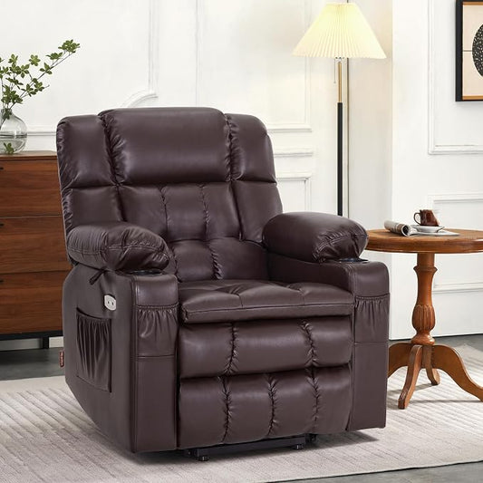 MCombo Small Dual Motor Power Lift Recliner Chair for Petite Elderly, Zero Gravity Lift Chair with Heat and Massage, Infinite Position, USB Ports,Faux Leather 7893 (Dark Brown, Small)