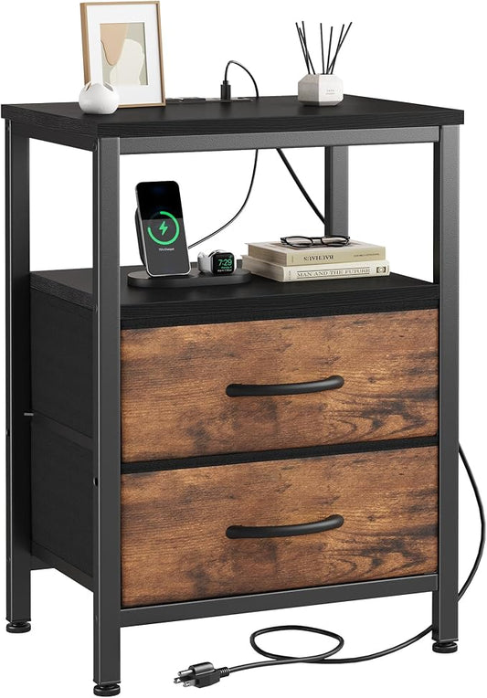 DUMOS Nightstand with Charging Station Built in USB Ports and AC Outlets Bedside Table with Adjustable Fabric Drawer and Open Shelf Modern End Table for Bedroom,Black and Brown