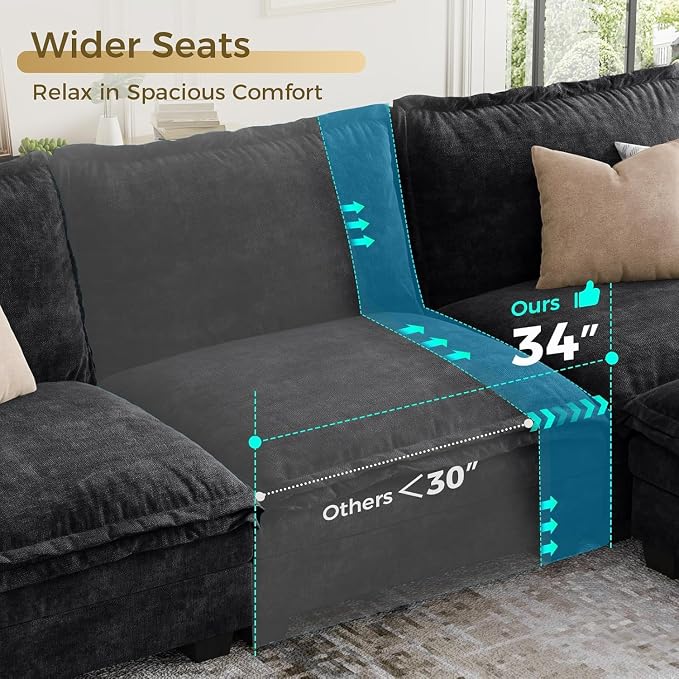 KKL 89 Inch Modular Sectional Sofa, 2 Sets of Loveseat Cloud Couches with Deep Seat, Chenille Sectional Couches for Living Room, Apartment, Black