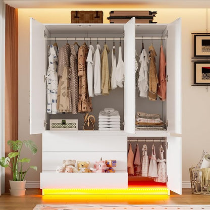 PAKASEPT 3 Doors Armoire Wardrobe Closet, 72.83" H Bedroom Armoires | Clothing Storage Cabinet with Mirror & Lights, 3 Drawers, Hanging Rod & Shelves for Bedroom